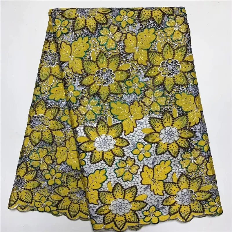 tissu polyester dentelle fleurs feuilles mariage vert jaune rose bleu marron opaque écologique soluble