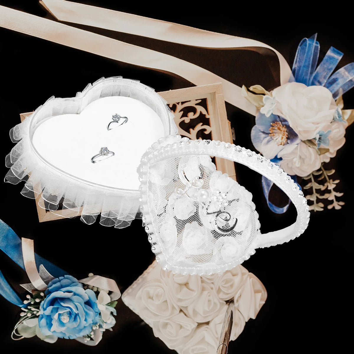 boîte bijoux forme cœur dentelle blanche strass dorés ruban blanc mariage romantique