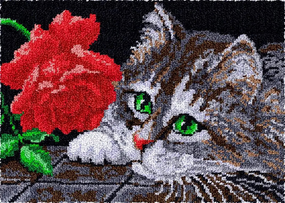 tapis broderie chat fleur instructions kit toile imprimée laine multicolore love coeurs