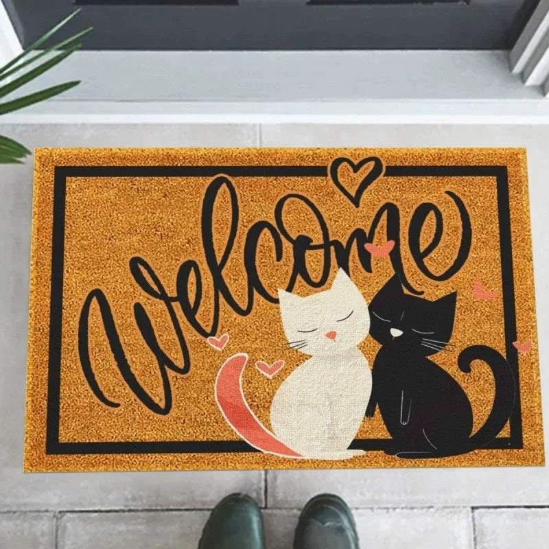 tapis d'entrée antidérapant motif cœur chat moderne orange noir blanc rose gris bleu welcome