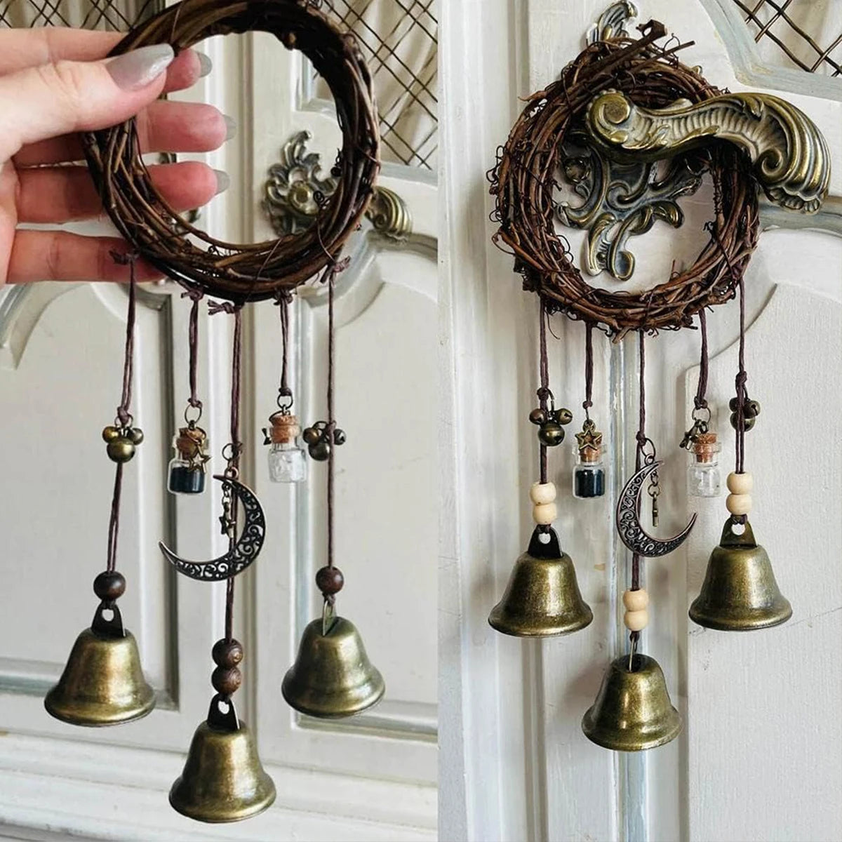 pendentif boho rustique cloches métalliques vigne naturelle brunes lune étoile globe terrestre decoration maison