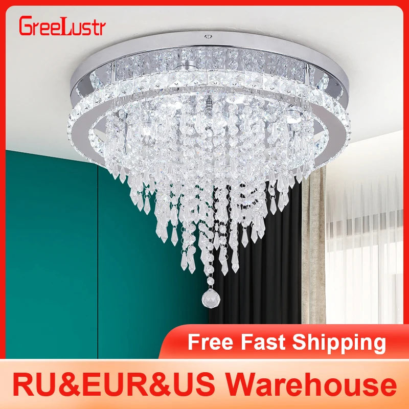 lustre moderne cristal transparent argenté plafonnier led salon télécommande intensité variable suspension