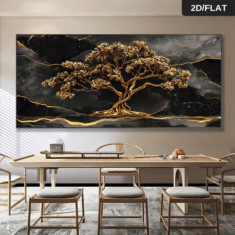 toile d'art moderne abstraite arbre doré marbré noir gris grande taille sans cadre chambre