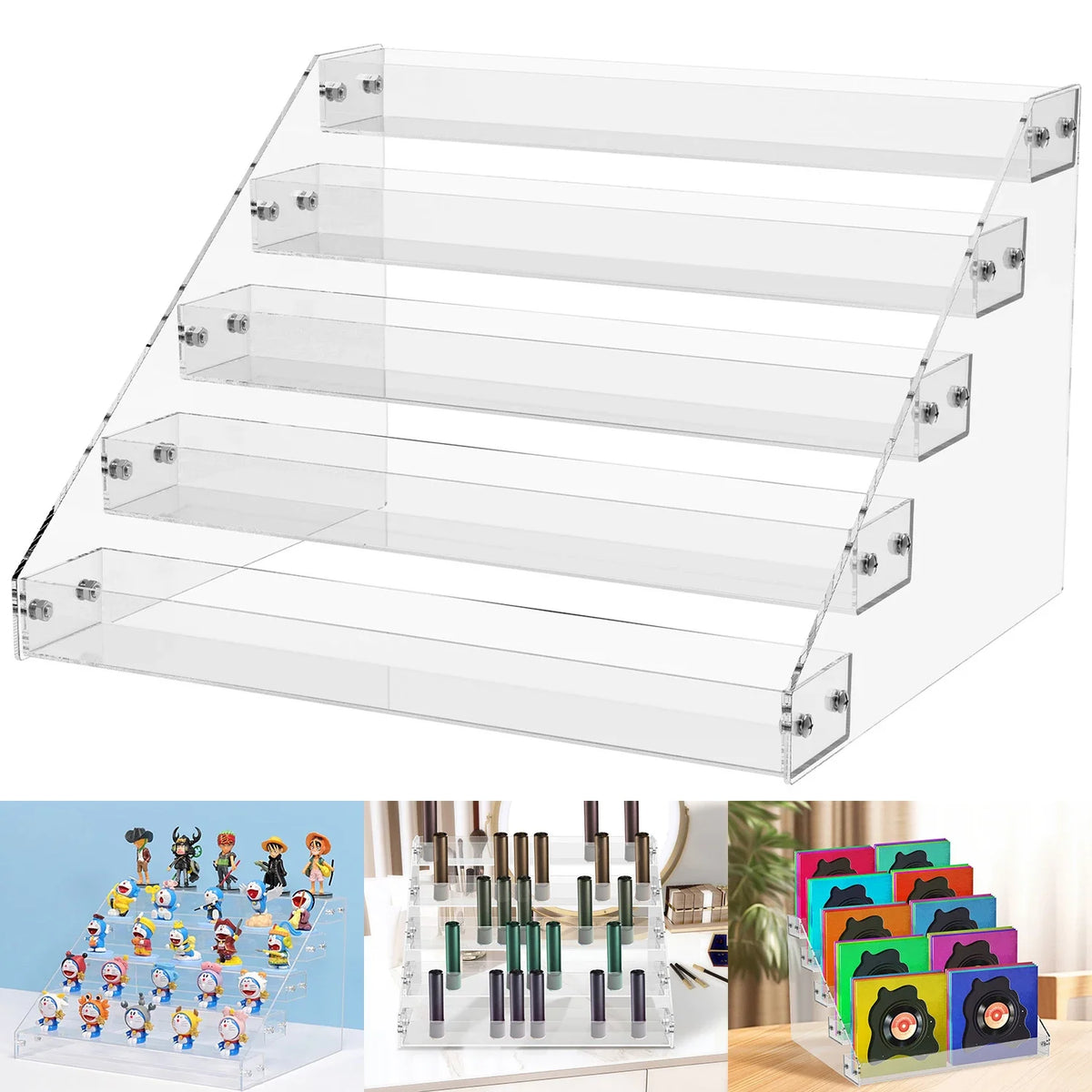 présentoir pyramidal acrylique transparent multi niveaux stockage figurines cosmétiques minimaliste