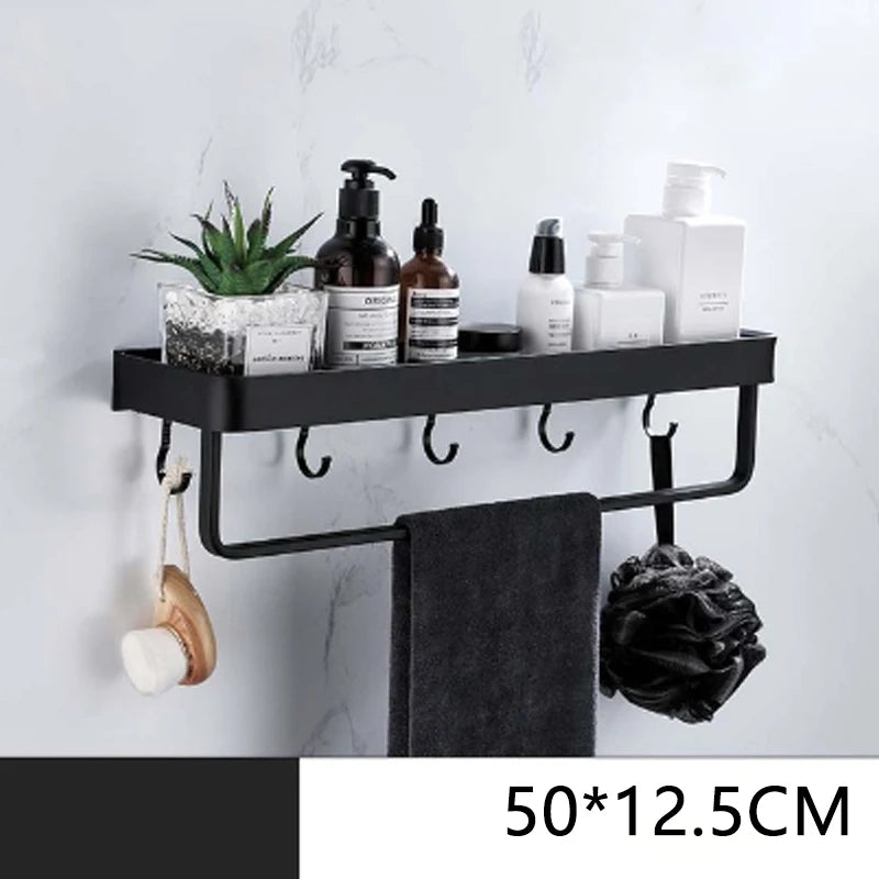 étagère salle bain double niveau murale alliage aluminium noir lisse moderne serviettes pots crèmes