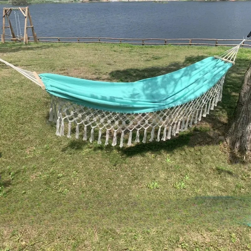 hamac vert turquoise tissu uni franges bohème fixations bois sac rangement