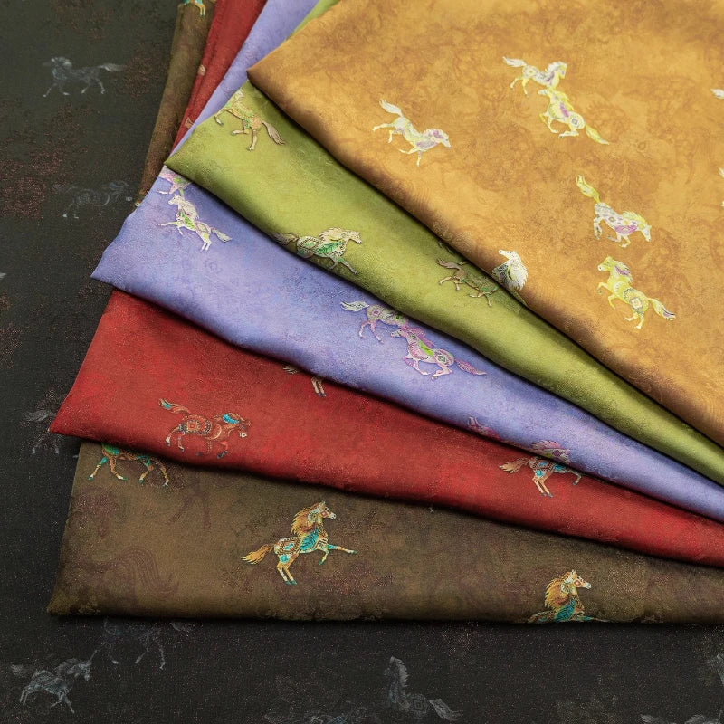 tissu imprimé chevaux feuilles couleur rouge vert marron violet beige automne hiver decoration maison