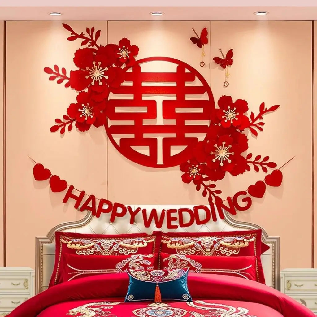 décoration mariage fleurs 3d noeud papillon symbole double bonheur happy wedding adhésif traditionnel asiatique