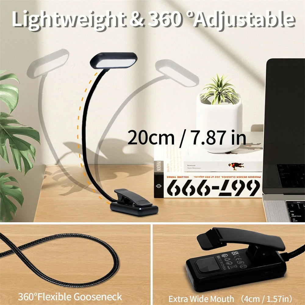 lampe lecture rechargeable led pince livre noir moderne couleurs usb cable court contrôle tactile