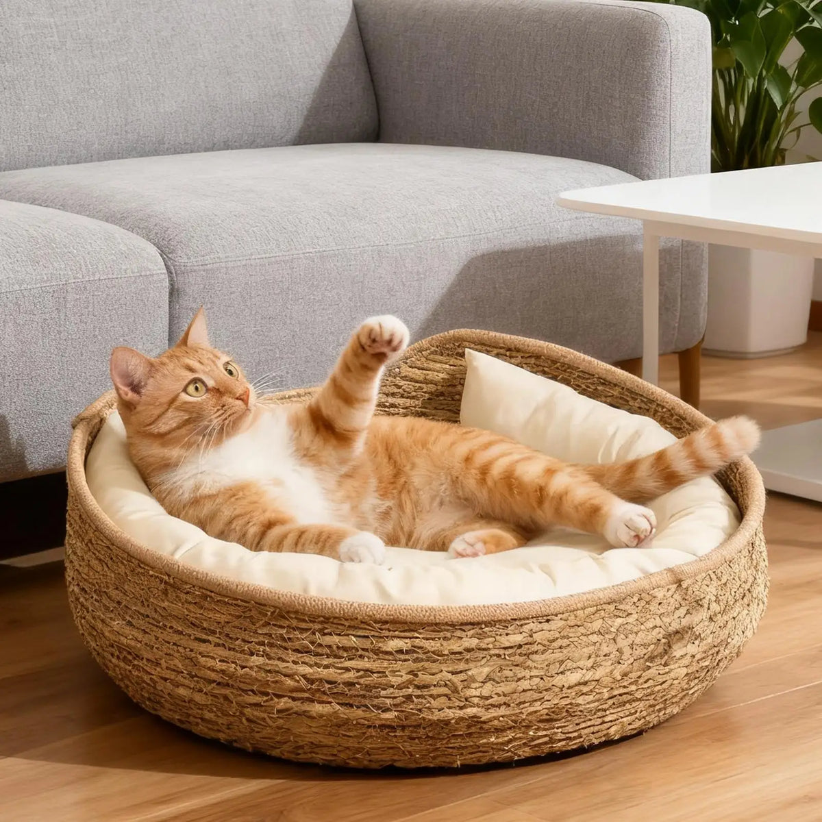 lit chat tressé nid moelleux coussin oreillers beige blanc rustique bohèmeintérieur