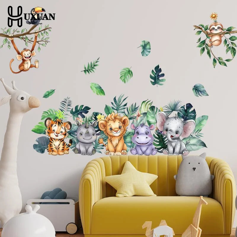 sticker mural dessin animé animaux mignons multicolore tigre rhinocéros lion hippopotame éléphant tropical chambre