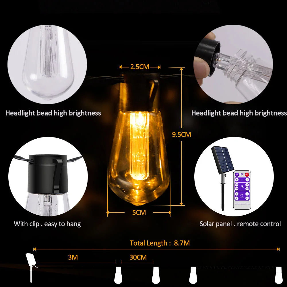 guirlande lumineuse solaire led ampoules edison vintage clips métalliques noir transparent