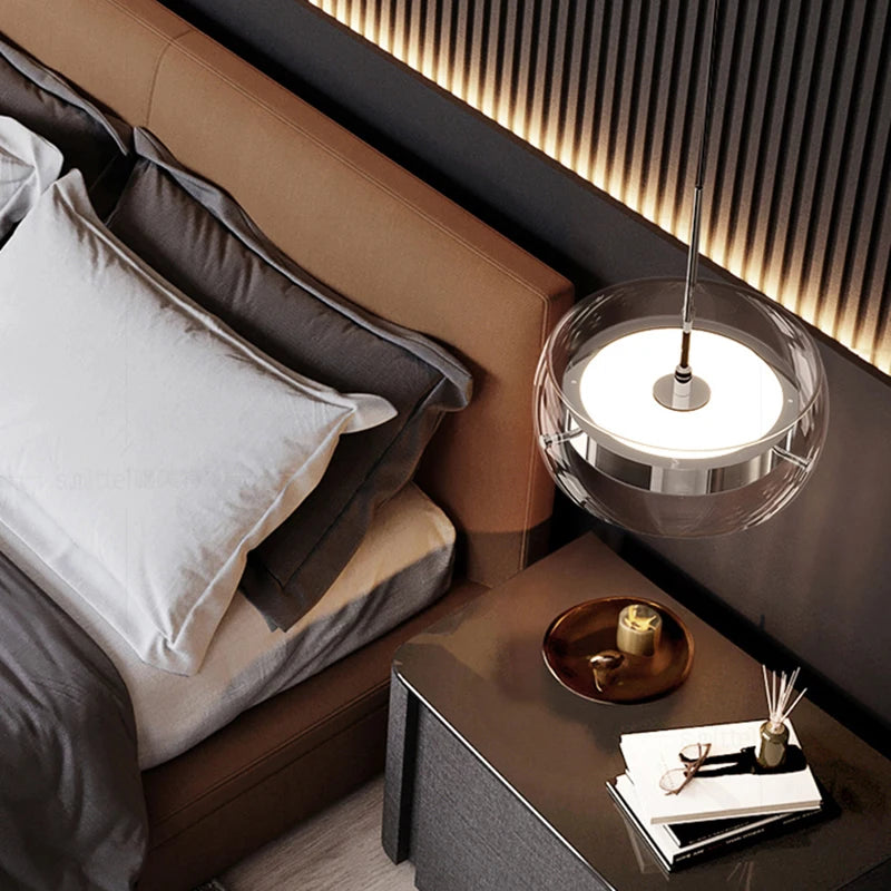 suspension lumineuse moderne transparente argentée lisse minimaliste pendentif chaîne métallique led dimmable