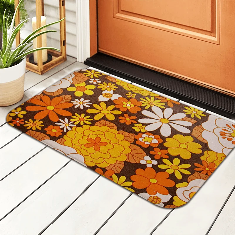 tapis sol vintage fleurs colorées marron orange jaune antidérapant intérieur extérieur