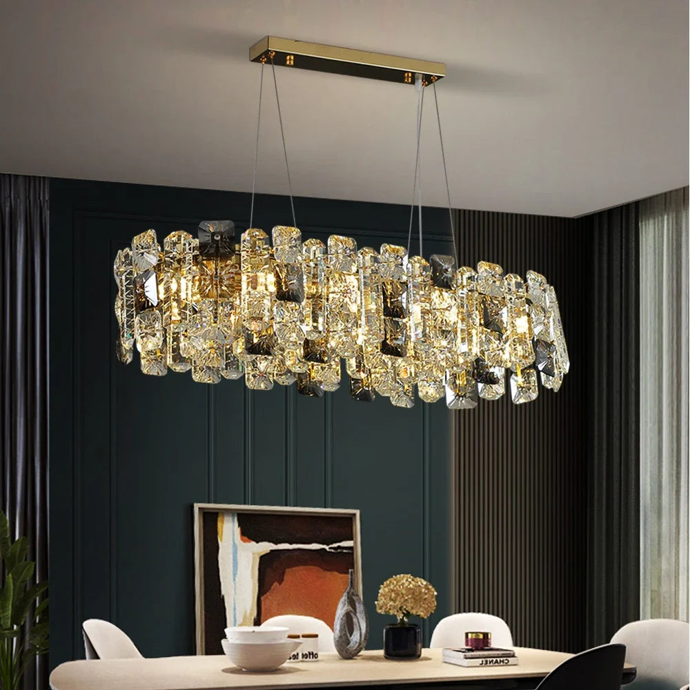 suspension lumineuse moderne or cristaux transparents luxueux suspension câbles métalliques