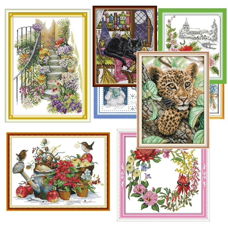 kit broderie point croix motif floral paysage animal personnage coton imprimé diy broderie