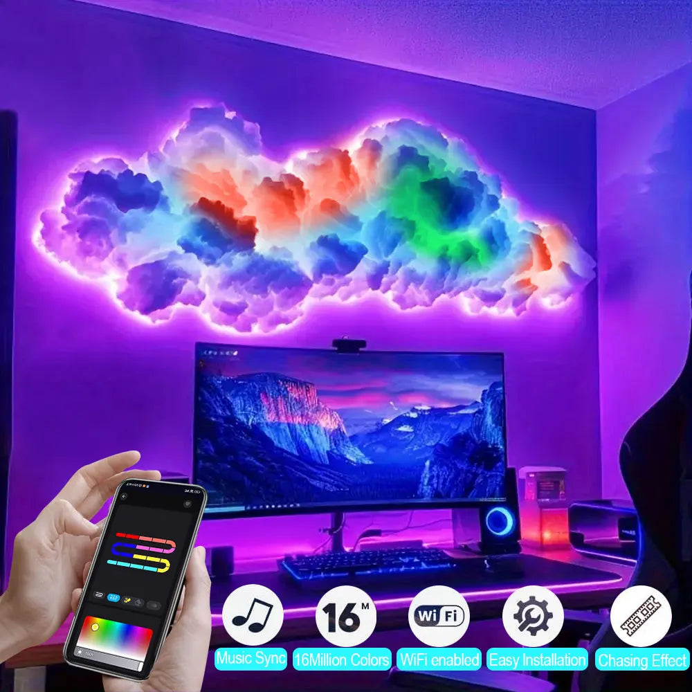 lampe led nuage multicolore moderne adhésive ruban led contrôleur chambre