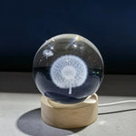 veilleuse boule lumineuse 3d dandelion transparente moderne câble usb base bois déco anniversaire cadeau