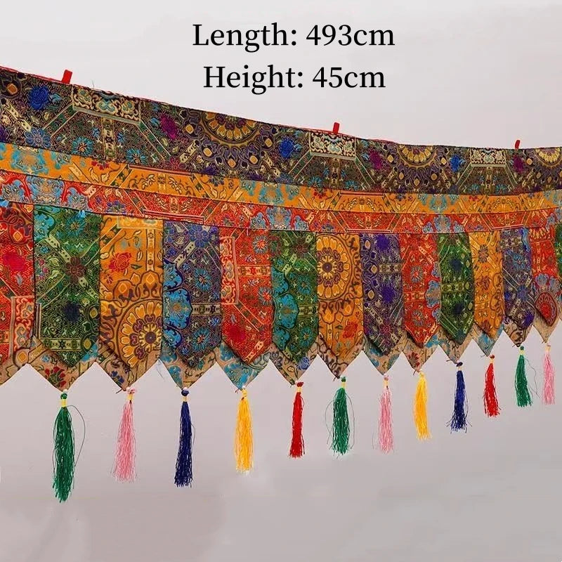 rideau multicolore brodé ethnique tissu fait main décor bouddhiste motifs floraux tassels