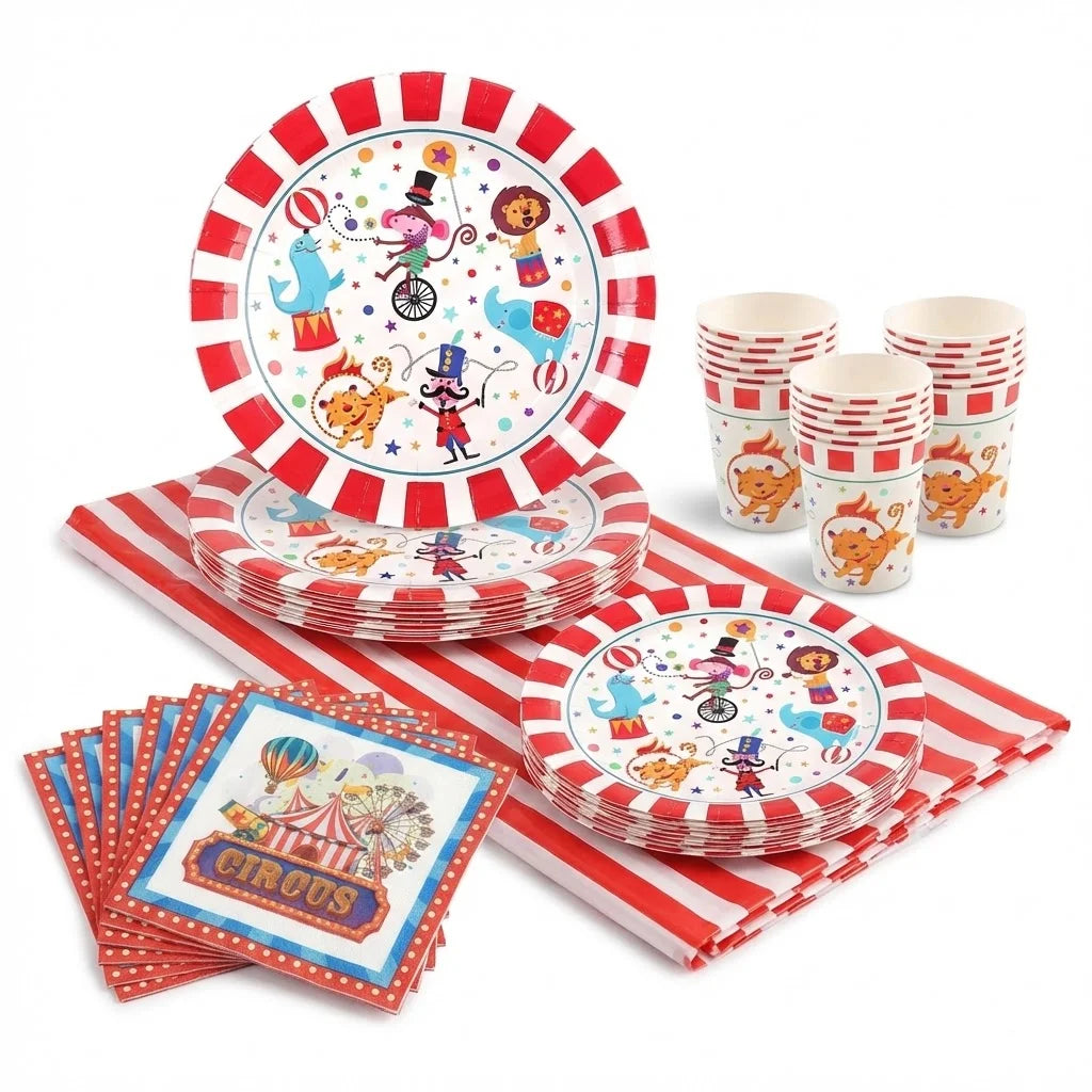 vaisselle jetable cirque rouge blanc assiettes gobelets serviettes nappe anniversaire enfant fête carnaval