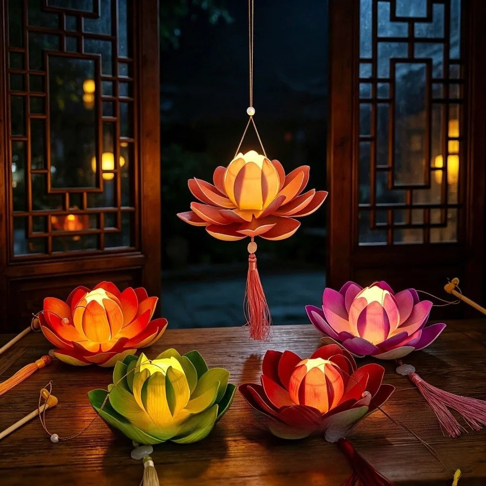 lanterne fleur lotus papier plissé motif floral tassel tringle portable anniversaire mariage