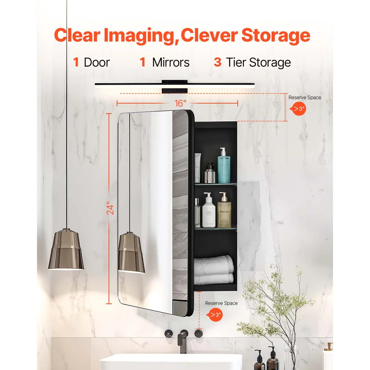 meuble miroir noir armoire murale étagères verre moderne rangement salle bain porte translucide