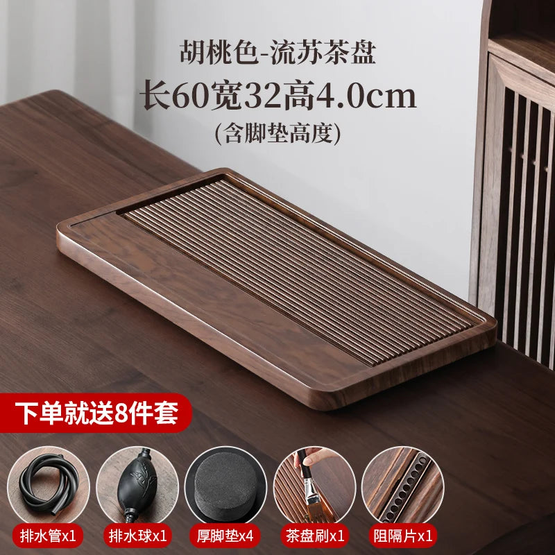 plateau thé bois bambou moderne lignes verticales marron foncé tasses théière salon chambre