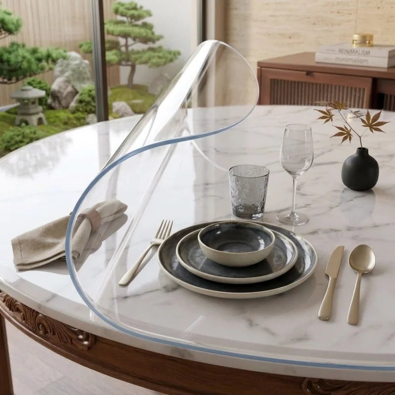 protège table ronde transparent bord bleu imitation marbre moderne durable pvc 140cm 150cm