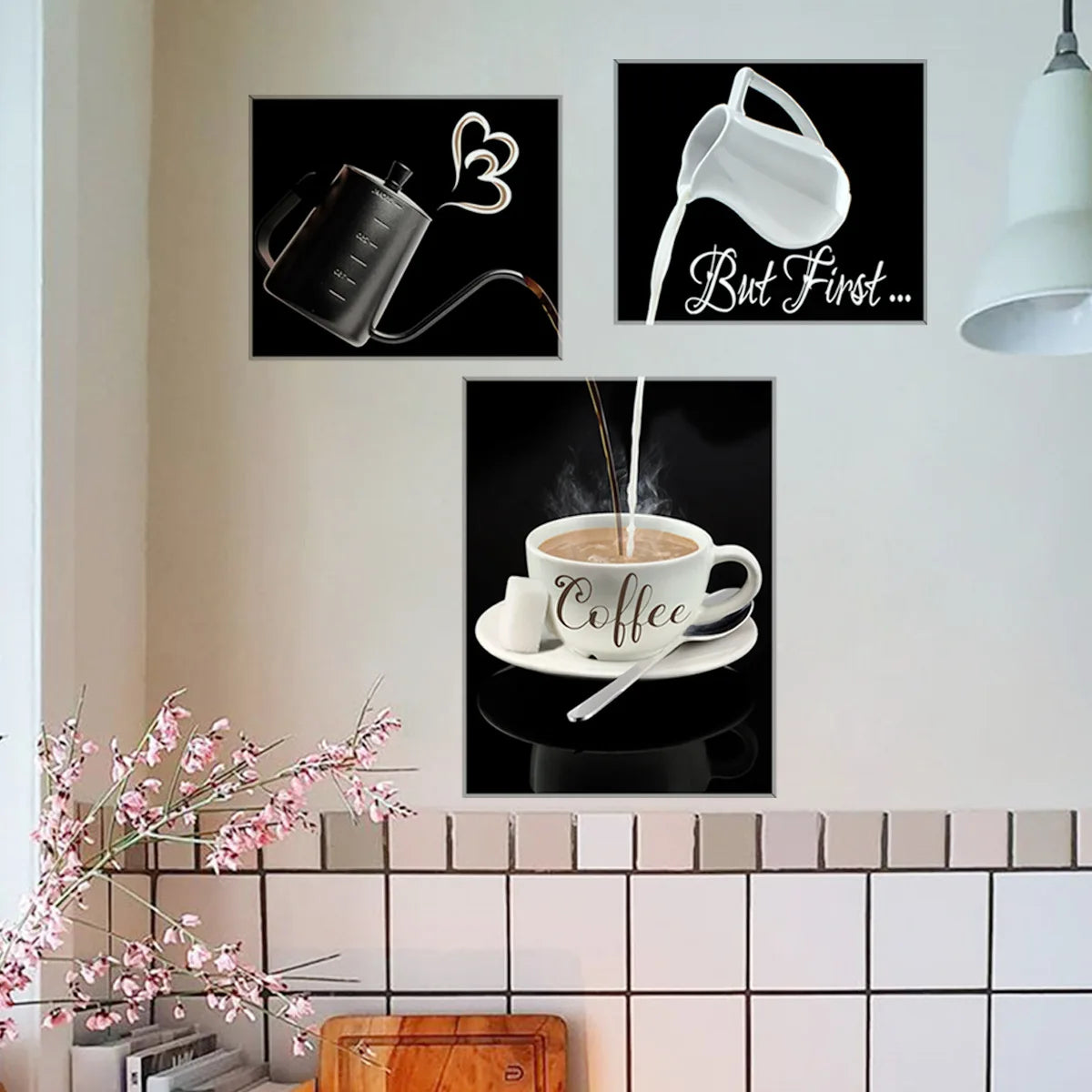 affiches murales autocollantes moderne illustration but first coffee tasse cuillère cœur minimaliste