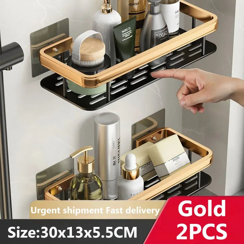 étagères salle bain moderne noires dorées mural sans perçage double niveau aluminium inoxydable