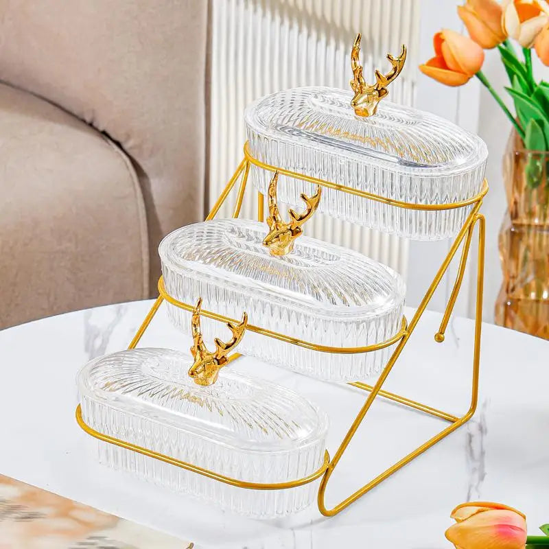 assiettes fruits divisées transparentes rayures horizontales moderne élégant couvercle support métallique doré