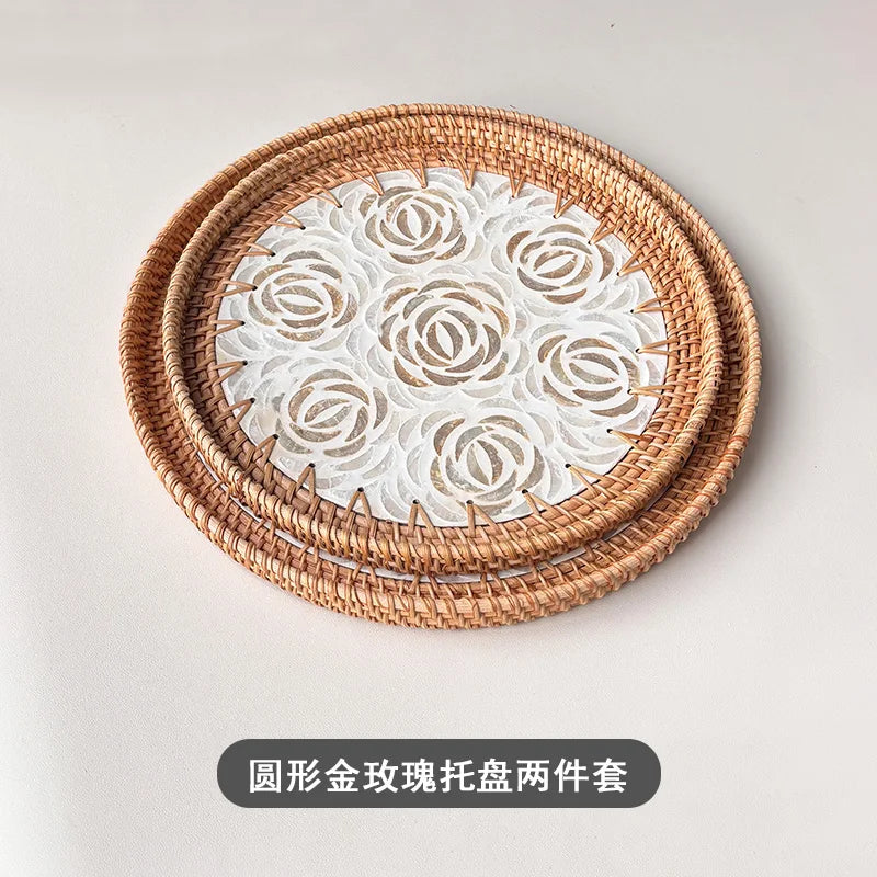 assiettes rotin naturel fleurs motifs floraux mosaïque traditionnel artisanal set deux
