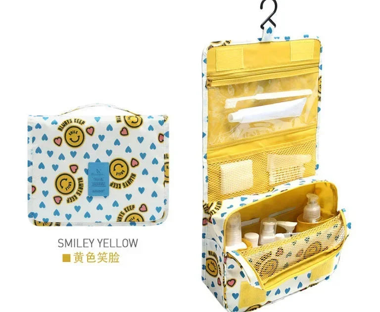 Sac toilette pliable oxford imprimé floral bleu clair motifs blancs roses bleus moderne pratique