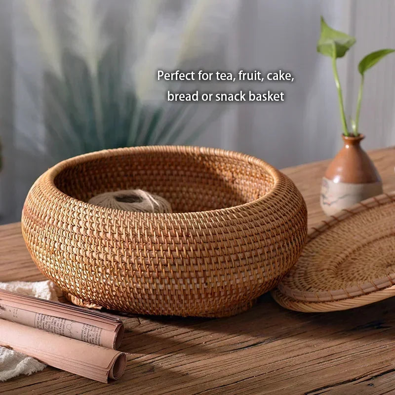panier rotin tissé main couvercle rangement thé fruit gâteau snack naturel traditionnel artisanal