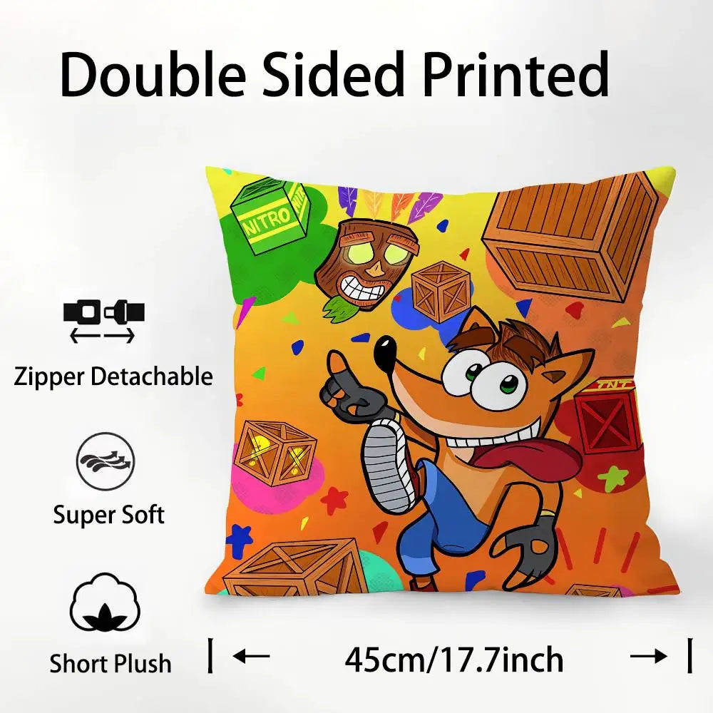 coussin décoratif carré crash bandicoot microfibre peluche cartoon orange bleu chambre salon enfant