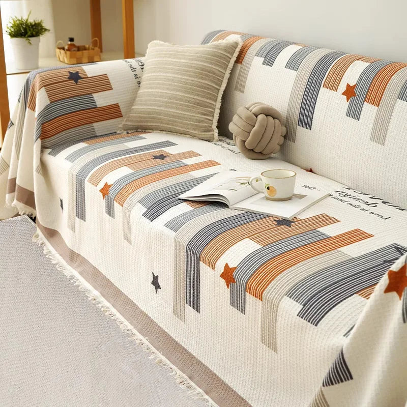 housse canapé grande taille rayures horizontales couverture salon moderne beige gris décorative