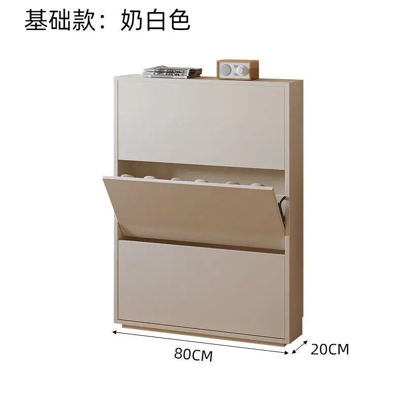 meuble chaussures moderne minimaliste blanc beige tiroirs étagères horloge porte clés 140x113cm