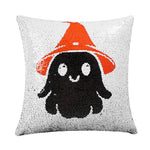 housse coussin halloween fantômes crânes chapeaux sorcière noire blanche orange adhésive carrée polyester 40x40cm