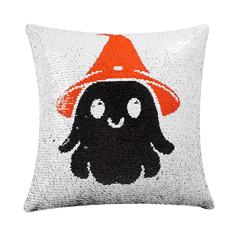 housse coussin halloween fantômes crânes chapeaux sorcière noire blanche orange adhésive carrée polyester 40x40cm