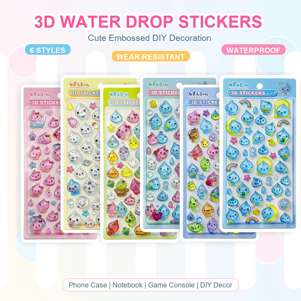sticker 3d mignon goutte d'eau animaux étoiles arc ciel kawaii adhésif rose blanc bleuclair.texture
