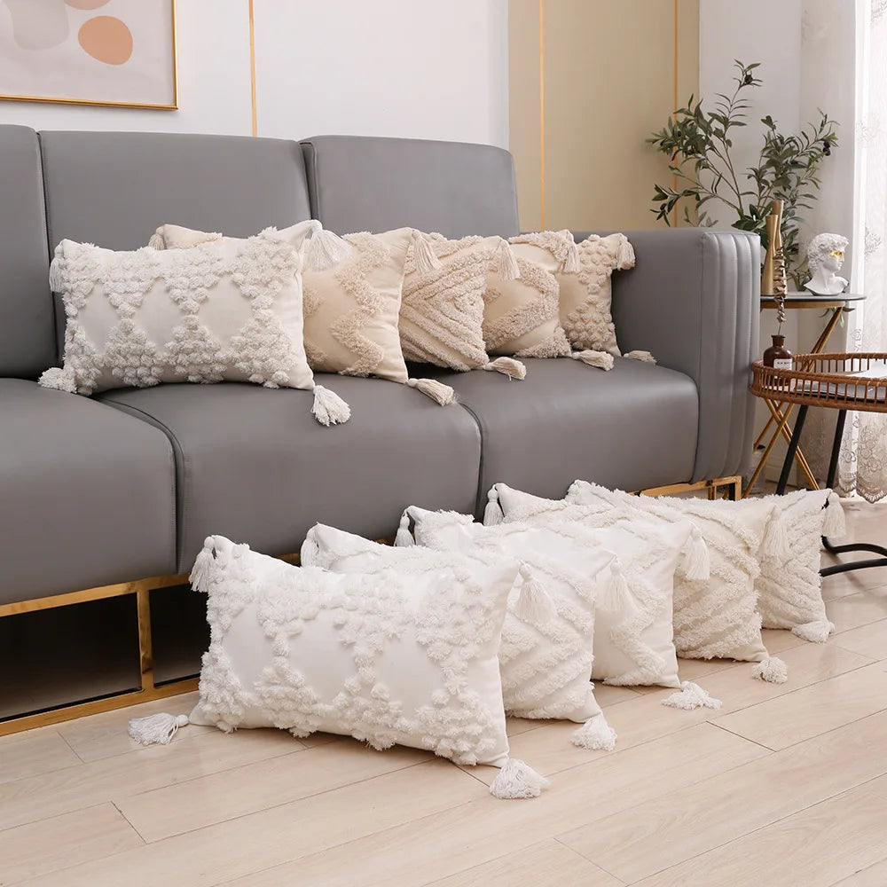 coussin carré géométrique blanc boho chic franges opaques décoration maison voiture
