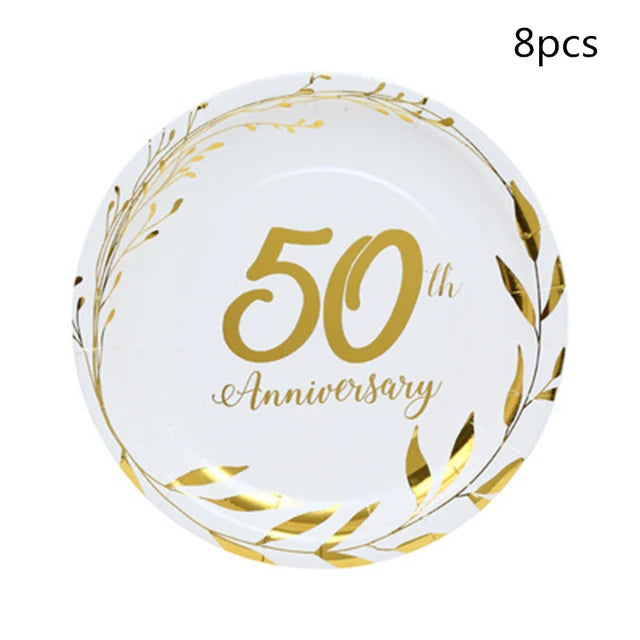 assiettes jetables dorées festives 8pcs anniversaire guirlandes feuilles textes classiques blancs