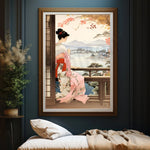 Une femme en robe kimono traditionnelle japonaise se tient sur un balcon, admirant le paysage automnal aux couleurs vives et la vue sur le lac.