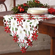nappe table noel motif floral brode pivoine feuille rouge verte festive
