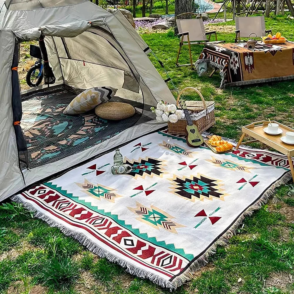 tapis boho chic géométrique franges multicolore pique nique plein air couverture festive opaque ethnique