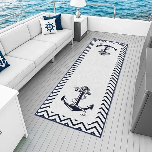 tapis long salon couloir motif ancre marine bleu blanc antidérapant doux décoration maison intérieur