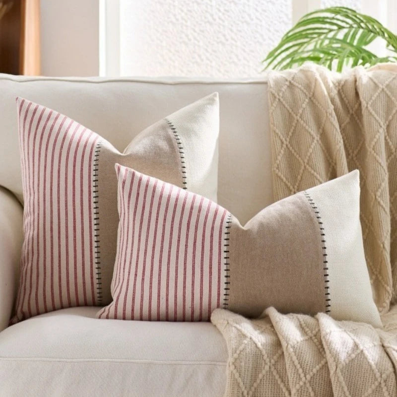 Coussins décoratifs rustiques rayés lin coton beige blanc rose bleu marine adhésifs