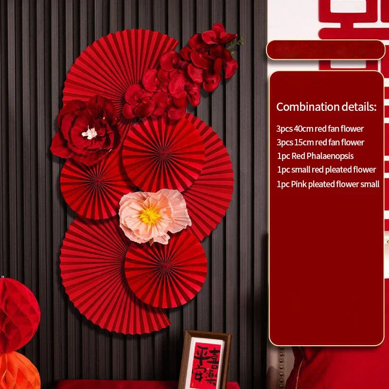 décoration murale festive asiatique fanions papier fleurs motifs calligraphie rouge blanc doré