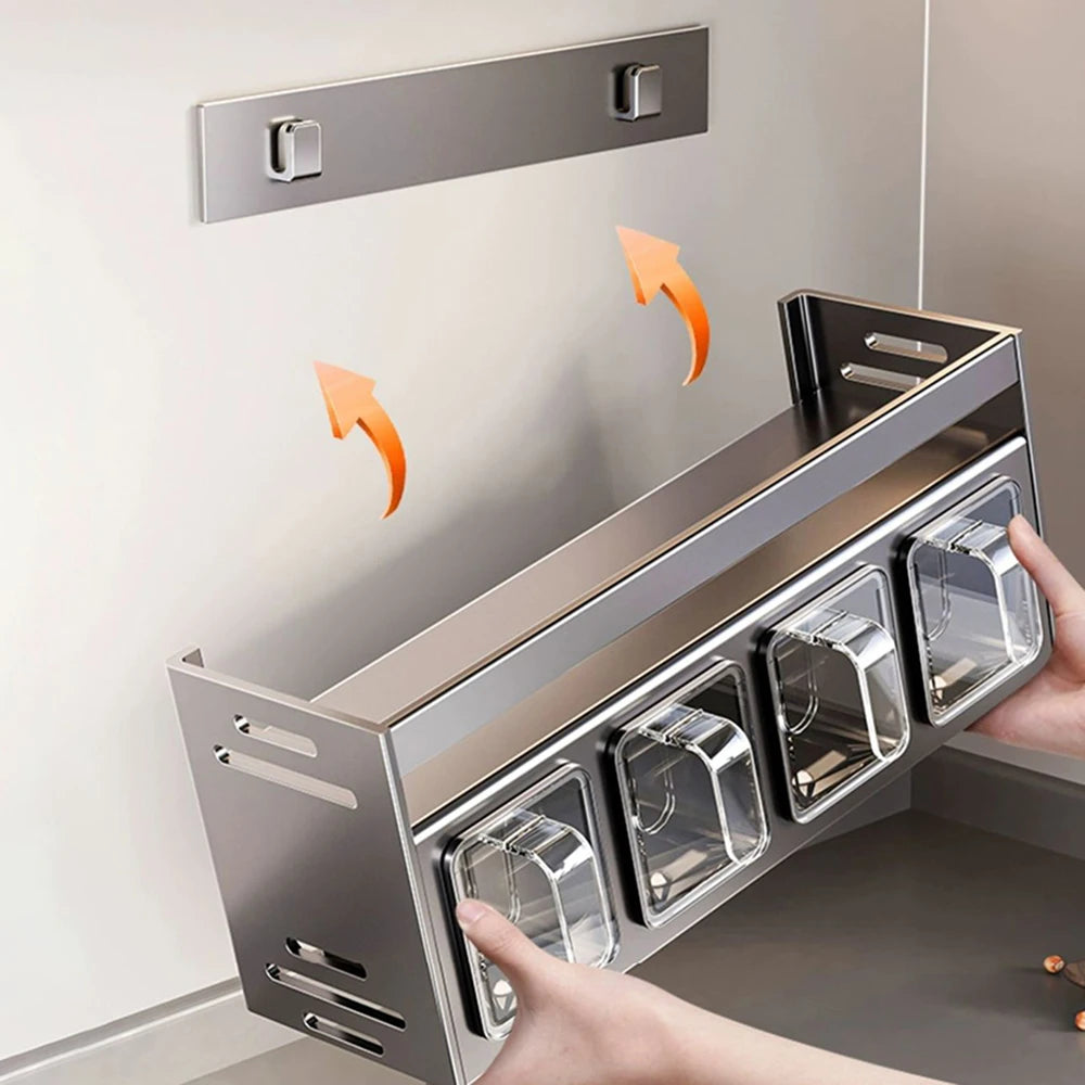 rangement condiments gris transparent moderne acier brillant fixations murales conteneurs couvercles multifonctionnels