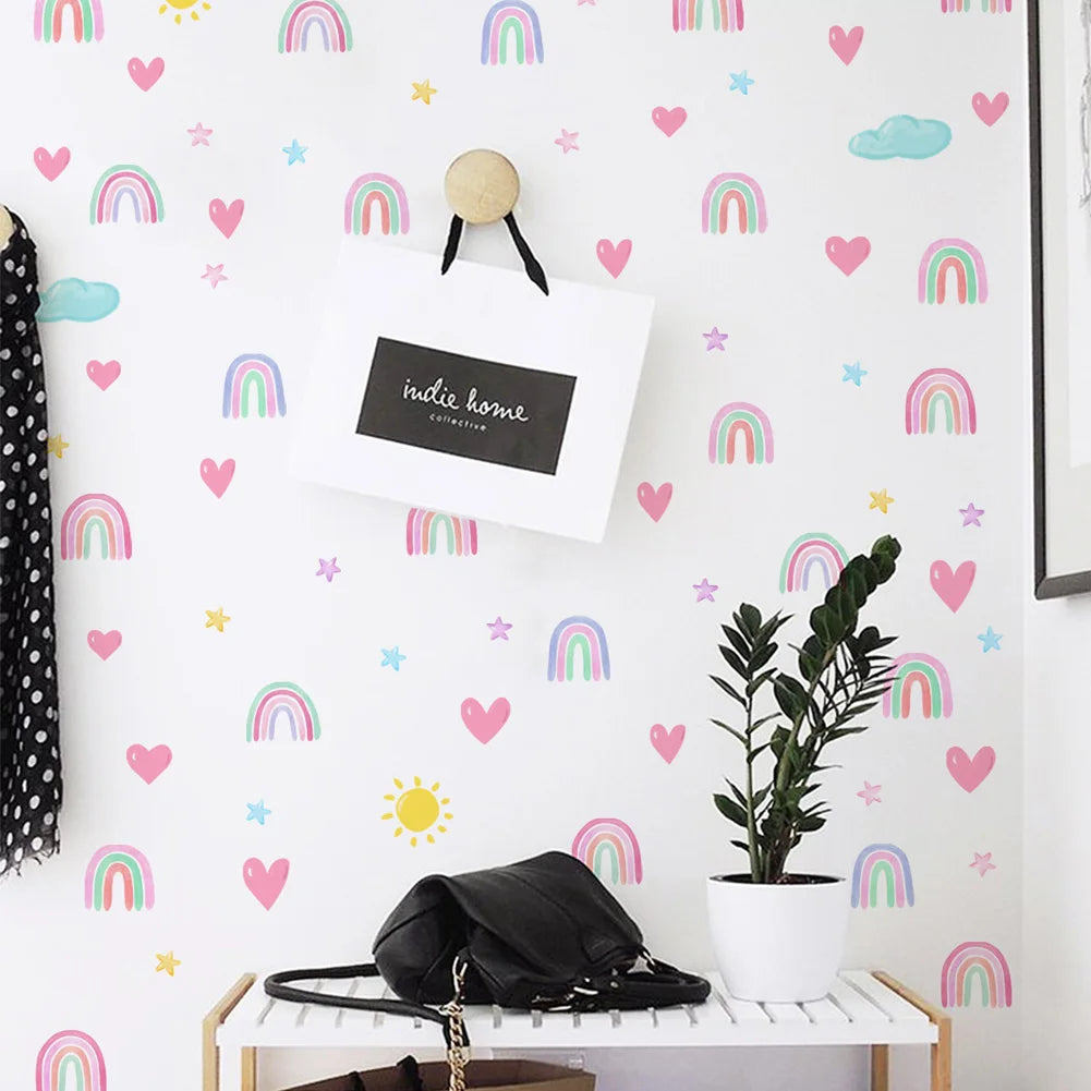stickers muraux arc ciel étoiles coeurs nuages enfants decoration chambre autoadhésifs pvc resistant eau